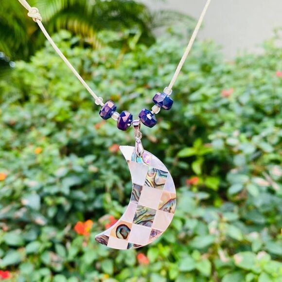 Abalone Moon Pendant Handmade leather Necklace - Picture 9 of 9